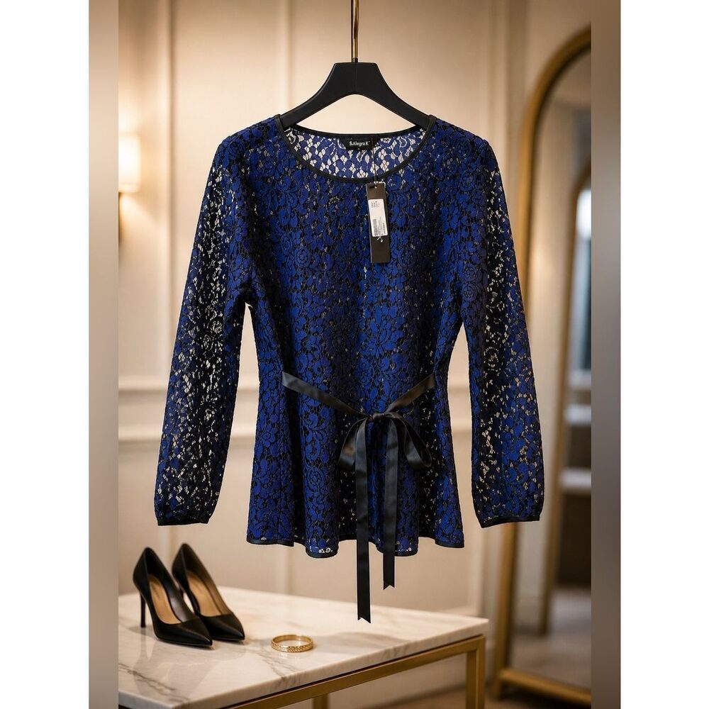 Blue Floral Lace Peplum Top with Black Trim Size Large